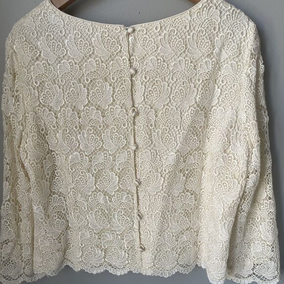Talbots Vintage Lace Overlay Blouse Princess Seams Back Covered Buttons Size 14 - Picture 9 of 14